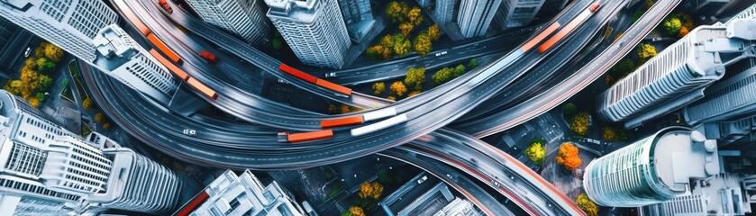 Aerial view of a busy urban highway interchange with moving vehicles amidst tall buildings and greenery, showcasing city life.