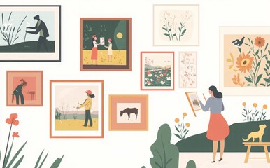 A simple vector illustration showcasing frames with paintings hanging on a wall. The artwork features flat colors and a warm color palette, rendered in a cute and playful cartoonish style.