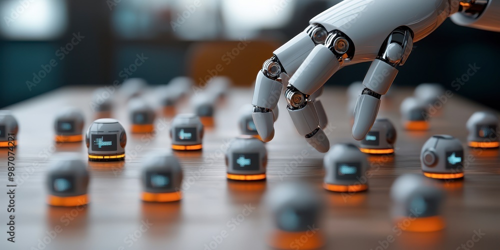 Poster a robotic hand interacts with small, illuminated devices on a surface, showcasing advanced technolog