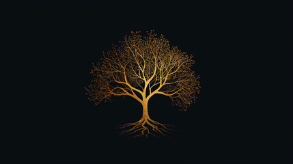 logo design in the style of tree of life minimalistic style, simple shapes, golden lines on a black background with no shadows