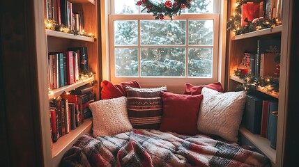 Warm Christmas Reading Nook with Festive Pillows