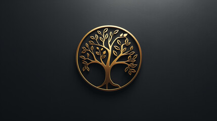 logo design in the style of tree of life minimalistic style, simple shapes, golden lines on a black background with no shadows