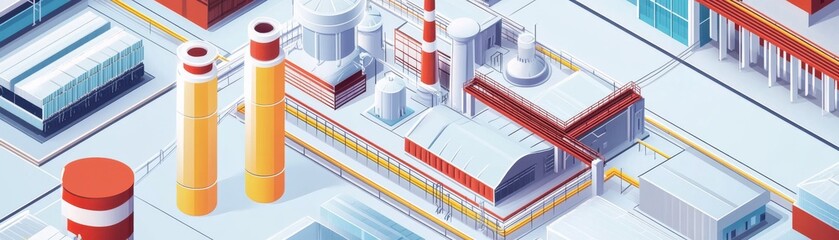 Aerial view of a modern industrial facility with pipes, storage tanks, and smokestacks, showcasing advanced manufacturing processes.