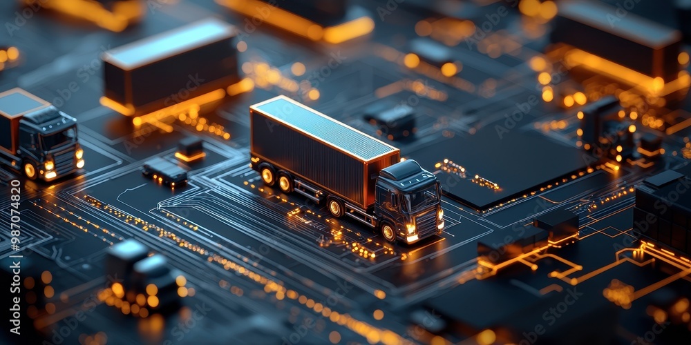 Poster a futuristic scene of trucks on a circuit board, exemplifying the intersection of technology and tra