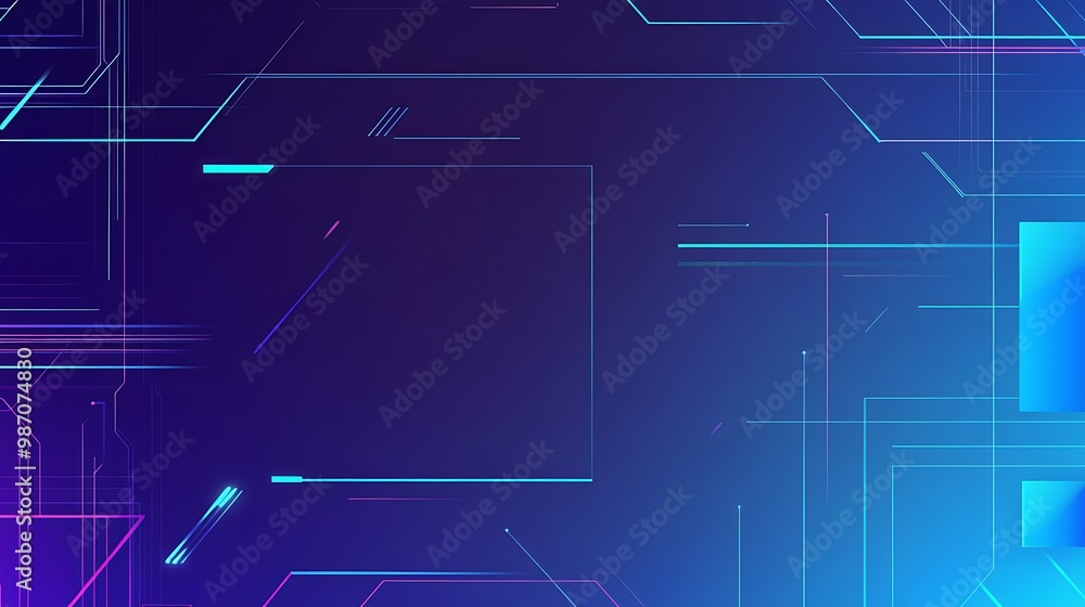 Poster Abstract geometric background with neon lines and shapes on a dark blue gradient.