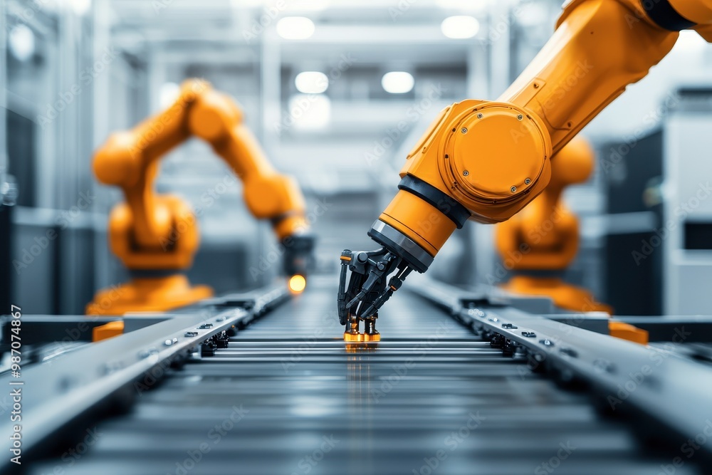 Poster a close-up of a robotic arm handling items on an industrial conveyor belt, showcasing advanced autom