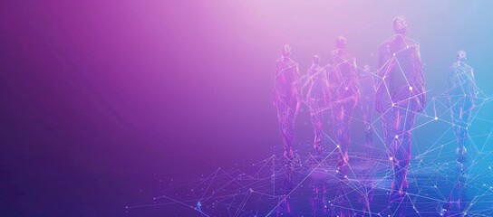 Abstract digital background with human figures connected in the style of glowing lines, representing global network and social media interaction on a purple blue gradient background.