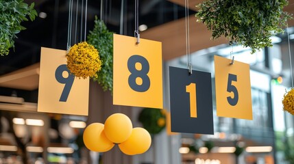 Discount percentage signs hanging from the ceiling of a store during Black Friday.