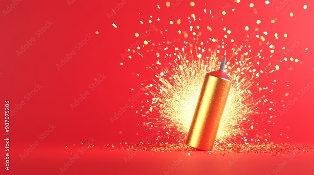 Poster a cute 3d gold firecracker with detailed textures, exploding with red and yellow sparks, set against