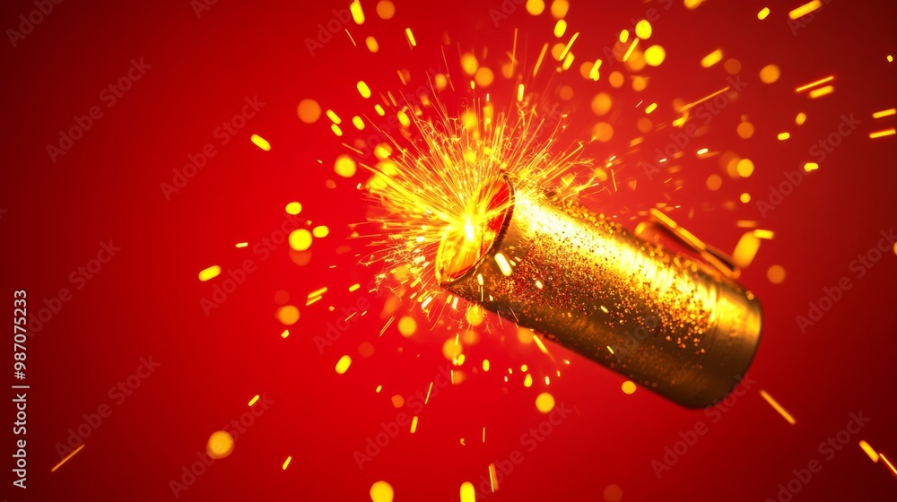 Poster a cute 3d gold firecracker with detailed textures, exploding with red and yellow sparks, set against