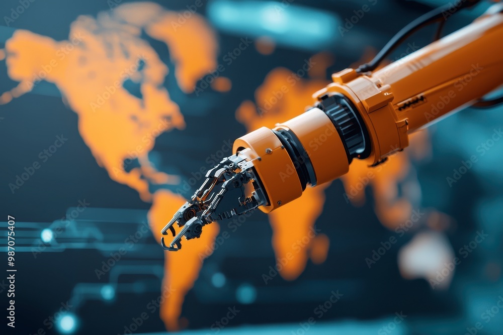 Poster a robotic arm reaches towards a digital world map, highlighting innovations in automation and techno