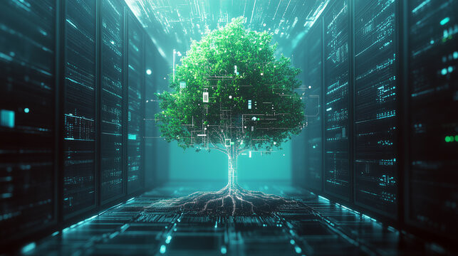 Growing tree is rooted in a data center. Represents industries and technologies cares environment and nature. Green trade digital business support concept, illustration.