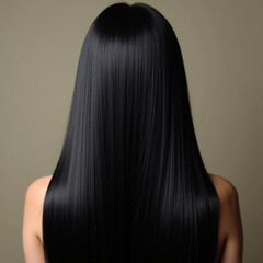 Fototapeta premium Smooth, straight black hair flows elegantly down back, highlighting its healthy shine and uniform color, illuminated by soft lighting, creating striking look. Hair care, the effect of cosmetics. AI