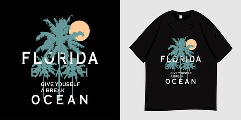 Florida tropical summer graphic t-shirt design. Nature symbols, beach, ocean, tropical leaves. Print for clothes, wear, tees, apparel and fashion. Vector illustration.