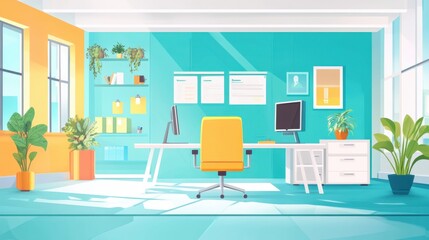 Bright and modern office space featuring stylish furniture and vibrant colors, creating an inspiring work environment.