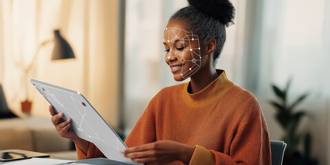 Futuristic Woman with Digital Interface Overlay Analyzing Data