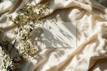 White card on a beige fabric with plant and shadows.