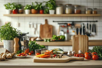 A kitchen counter with fresh vegetables, herbs, and spices ready for cooking, featuring a variety of colorful ingredients cherry tomatoes, peppers, garlic, and cutting boards in a cozy modern kitchen