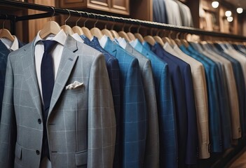 In a clothing store, a mannequin is displayed wearing a blue suit and tie