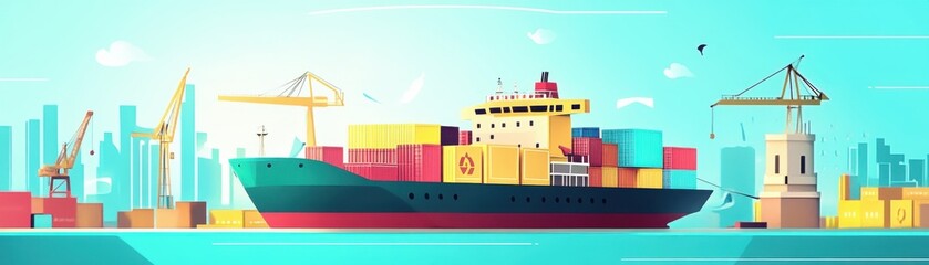 Obraz premium Colorful cargo ship loading containers in a bustling port, showcasing maritime industry and transport efficiency.