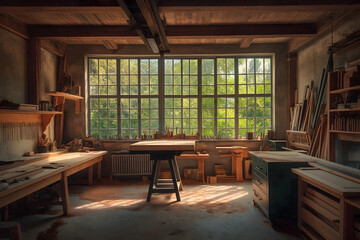 A cozy woodworking workshop filled with sawdust, wooden beams, and natural light streaming through windows, creating a warm and inviting atmosphere for creativity