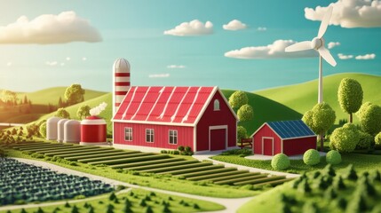 Colorful farm landscape with red barn and wind turbine, showcasing sustainable agriculture and vibrant nature.