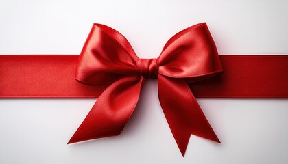 Close-up of a Shiny Red Satin Ribbon Tied in a Neat Bow on a Horizontal Red Band Against a Clean White Background. Perfect for Christmas New  Year Holiday Gift Wrapping Celebrations  Special Occasions