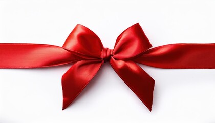 Fototapeta premium Close-up of a Shiny Red Satin Ribbon Tied in a Neat Bow on a Horizontal Red Band Against a Clean White Background. Perfect for Christmas New Year Holiday Gift Wrapping Celebrations Special Occasions
