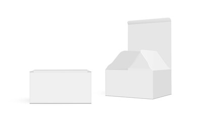 Small Packaging Box Mockup, Opened And Closed, Isolated On White Background, Front And Side View. Vector Illustration