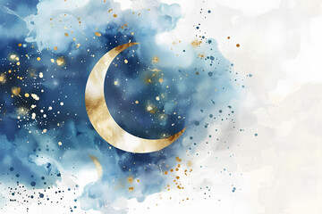 Watercolor blue crescent moon with gold glitter on a white background, An Islamic abstract design depicting a night sky. Blue and beige colors. A brush painting with paint splashes and drips 