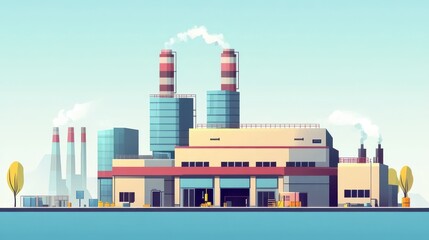 Colorful industrial landscape featuring modern factories, smokestacks, and clear blue skies. Perfect for business and environmental themes.