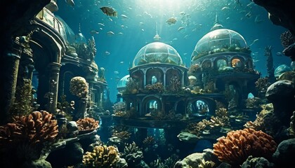 Stunning view of an underwater city with dome structures, vibrant coral reefs, and various fish species, illuminated by sunlight filtering through the water, creating a serene marine habitat.. AI