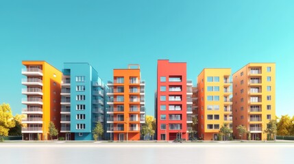 Fototapeta premium Colorful modern apartment buildings under a clear blue sky, showcasing contemporary architecture and urban living.