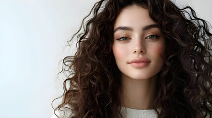 Fototapeta premium europejska kobieta, długie faliste czarne włosy, zbliżenie, piękna, uśmiechnięta, wyrazisty makijaż, białe tło, modelka, artystyczny makijaż, patrząca w kamerę, śmiech, portret, radosna, stylow