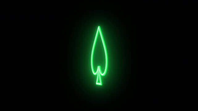 Neon spade ace animation, rotation around vertical axis. Glowing neon 3D poker spade icon, looped spin. Casino playroom, poker club, spades suit, gambling card game, Vegas. Green, yellow, orange color
