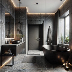 Bathroom interior design with matte black bath and modern shower