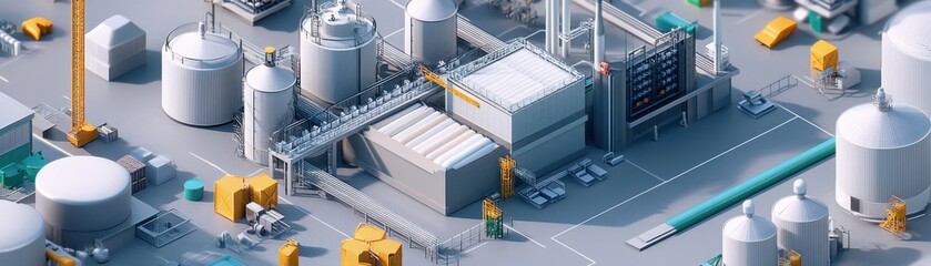 Detailed aerial view of an industrial complex showcasing storage tanks, pipelines, and processing equipment in a modern setting.