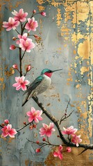 birds on a branch painting in chinoiseries style	
