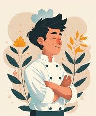 cartoon illustration of chef in uniform . flat color