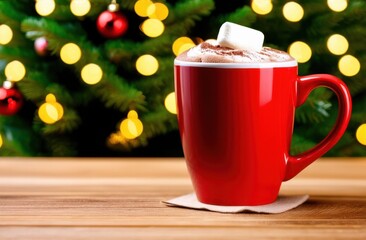 Hot chocolate drink with marshmallows in red mug with milk foam and cocoa. Christmas tree, lights in the background. Cozy seasonal holidays.