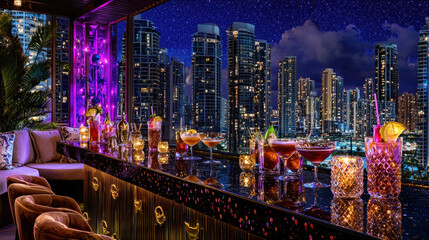 Fototapeta premium Vibrant rooftop bar with a variety of cocktails and city skyline at night, featuring colorful lighting and luxury decor