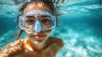 Naklejka premium Woman Underwater Wearing Diving Mask