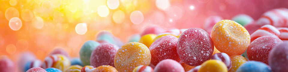 A colorful assortment of candy is displayed on a table. The candy is in various shapes and sizes, with some being round and others being more elongated. Wide format image, website header.