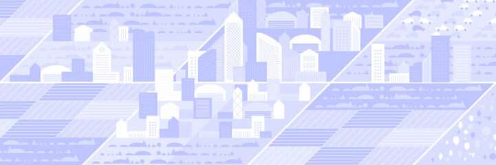 Fototapeta premium Cityscape panorama. Megapolis city view. Smart city. Urban landscape with many building. Collection of houses, skyscrapers, buildings, supermarkets with streets and traffic. Vector illustration