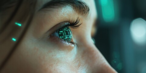 Close-up of a Woman's Eye with Futuristic Digital Interface Reflections