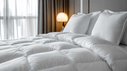 A white, fluffy down duvet and two white pillows on a bed in a hotel room.