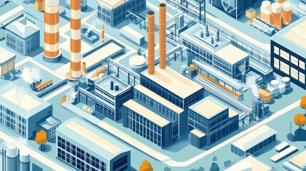 Obraz premium Stylized aerial view of an industrial complex featuring factories, smokestacks, and storage facilities in vibrant colors.