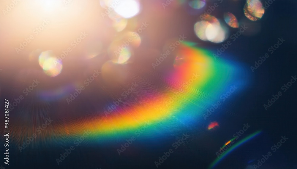 Poster Abstract Colorful Lens Flare and Light Refractions on a Dark Background with Rainbow Bokeh Effects. Glowing Prismatic Orbs and Radiating Sunbeams in a Dreamy, Ethereal, and Vibrant Atmosphere