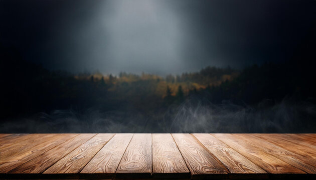 Empty wooden table for present product on misty dark background.