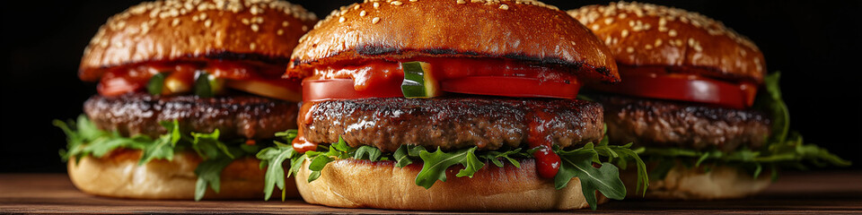 Three hamburgers with tomato and ketchup on them. Wide format image, website header.